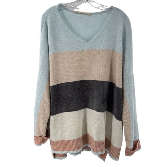 Soft Surroundings Lisbeth chenille striped sweater 1X color block pastel v neck - Picture 1 of 8